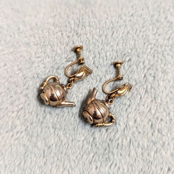 Vintage 50's Silvertone Teapot Screw Back Earrings - Picture 3 of 9